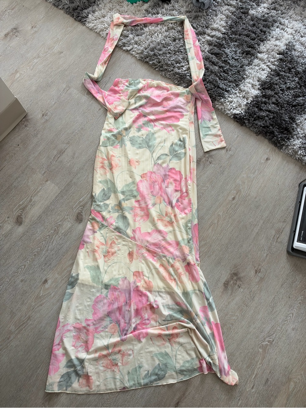 Floral Maxi Dress in Pink & Green Strapless with Scarf